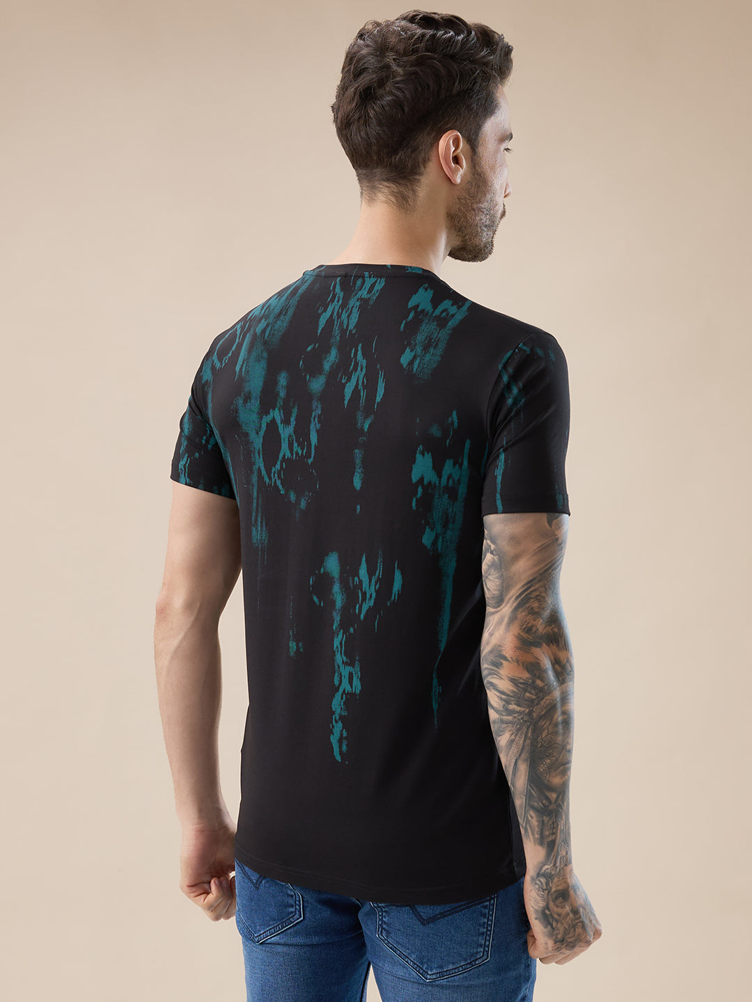 Mens Round Neck Half Sleeve Tie and Dye Print T-Shirt with Rubberised Chest Typography