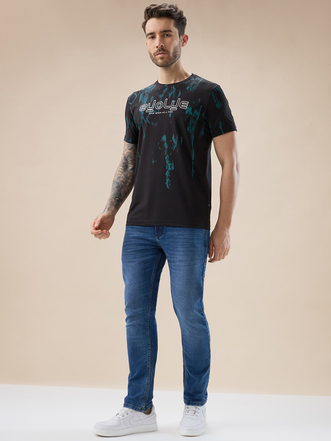 Mens Round Neck Half Sleeve Tie and Dye Print T-Shirt with Rubberised Chest Typography