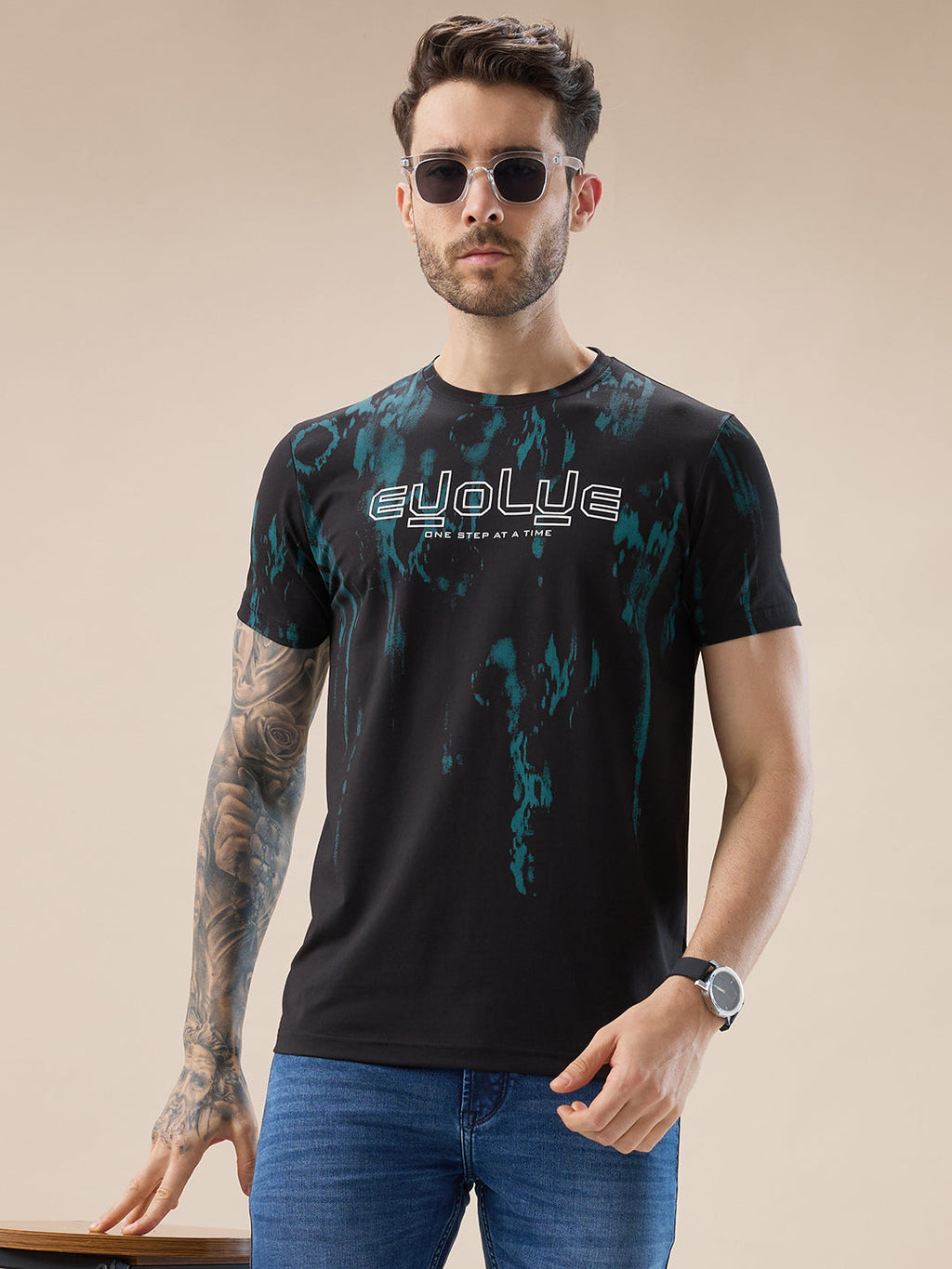 Mens Round Neck Half Sleeve Tie and Dye Print T-Shirt with Rubberised Chest Typography