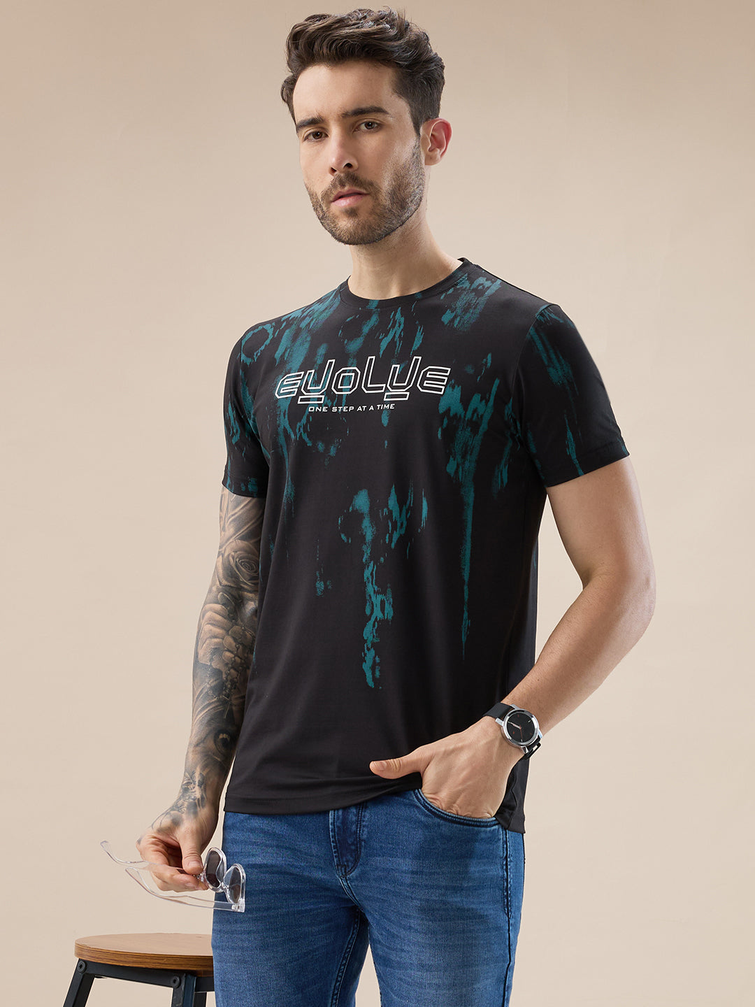 Mens Round Neck Half Sleeve Tie and Dye Print T-Shirt with Rubberised Chest Typography