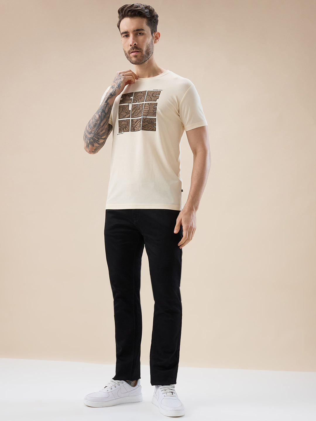 Mens Round Neck Half Sleeves T-Shirt with Rubberised Chest Typography
