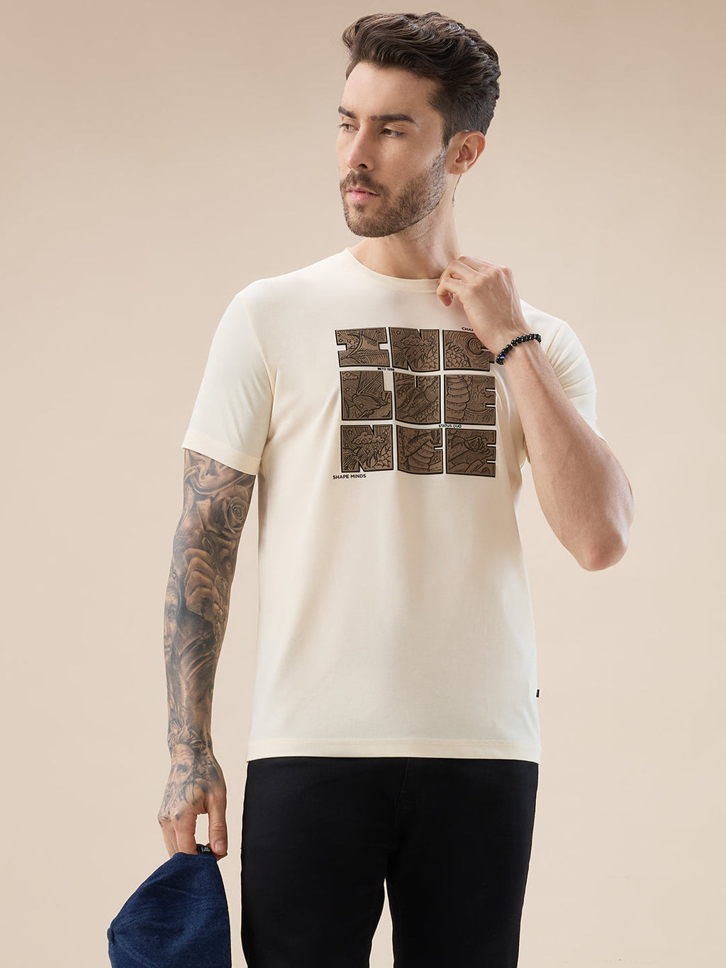 Mens Round Neck Half Sleeves T-Shirt with Rubberised Chest Typography