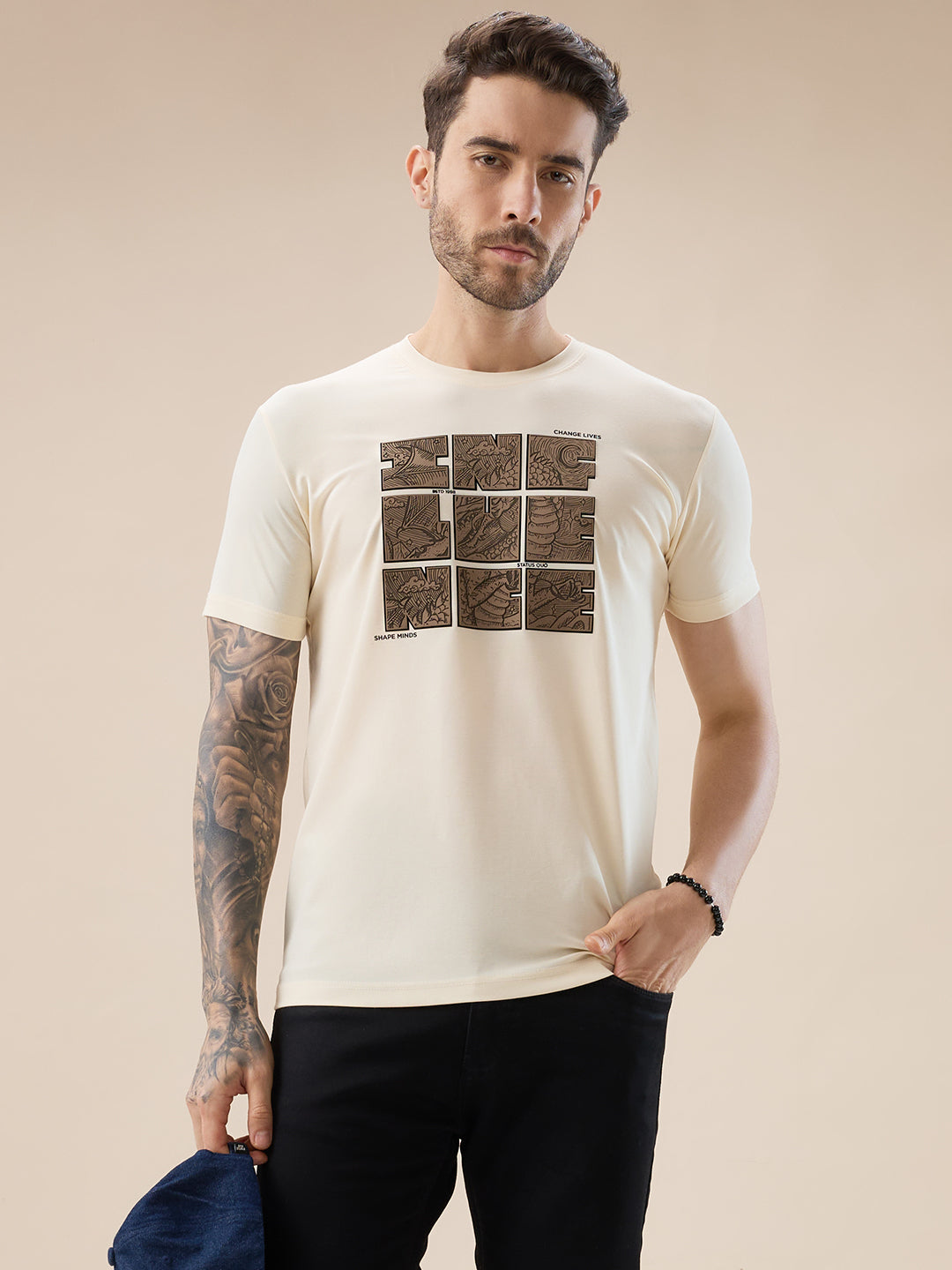 Mens Round Neck Half Sleeves T-Shirt with Rubberised Chest Typography