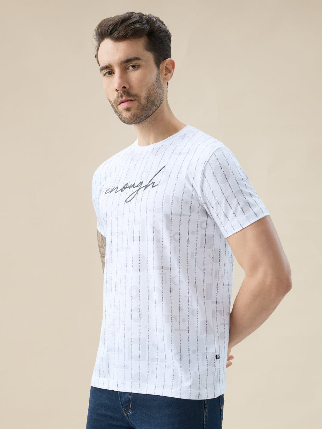 Men's All Over Typography Print Round Neck Half Sleeve Regular Fit T-Shirt