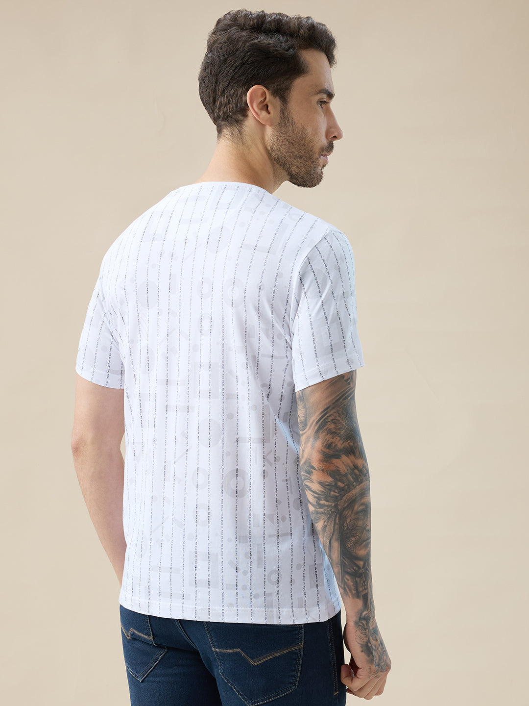 Men's All Over Typography Print Round Neck Half Sleeve Regular Fit T-Shirt