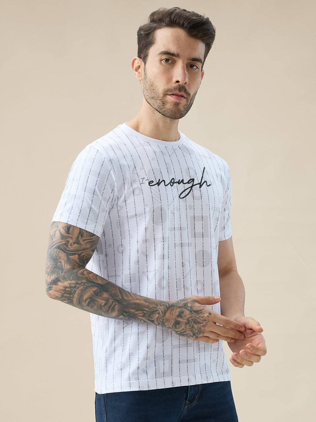 Men's All Over Typography Print Round Neck Half Sleeve Regular Fit T-Shirt