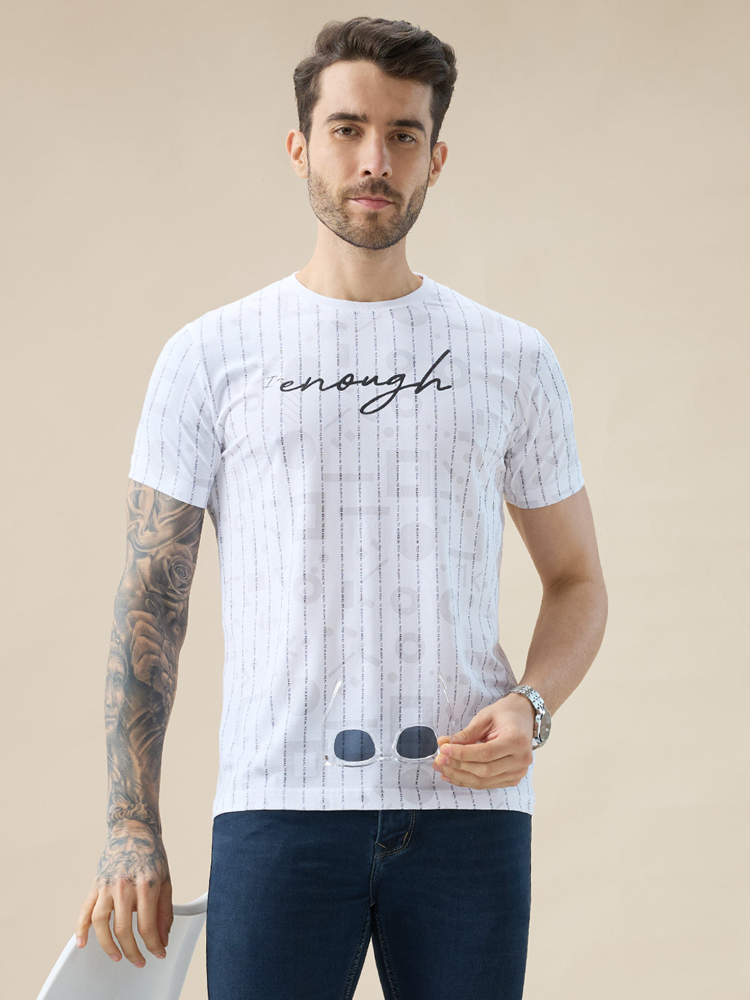 Men's All Over Typography Print Round Neck Half Sleeve Regular Fit T-Shirt