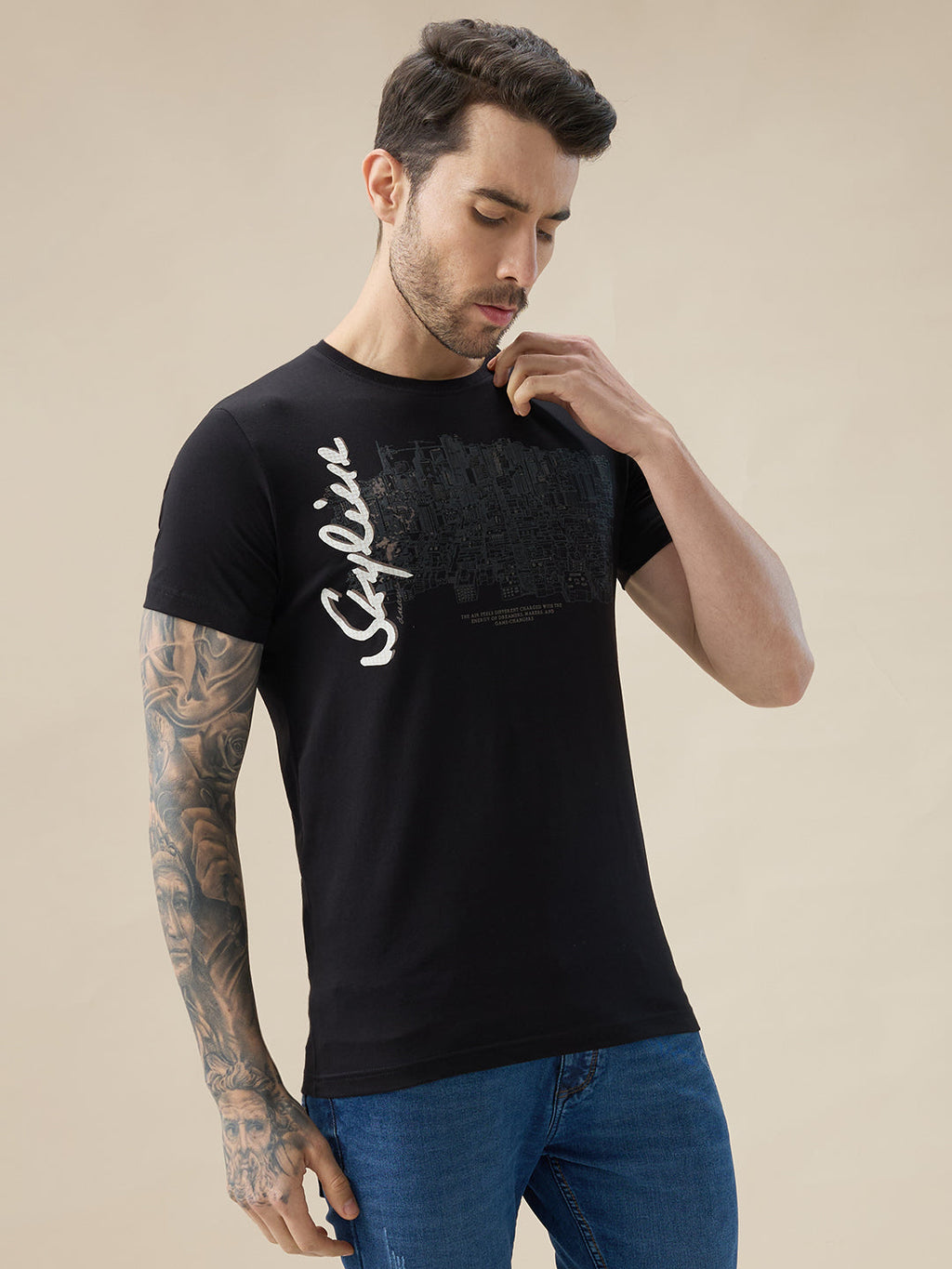 Men's Chest Graphic Print Round Neck Half Sleeve Regular Fit T-Shirt