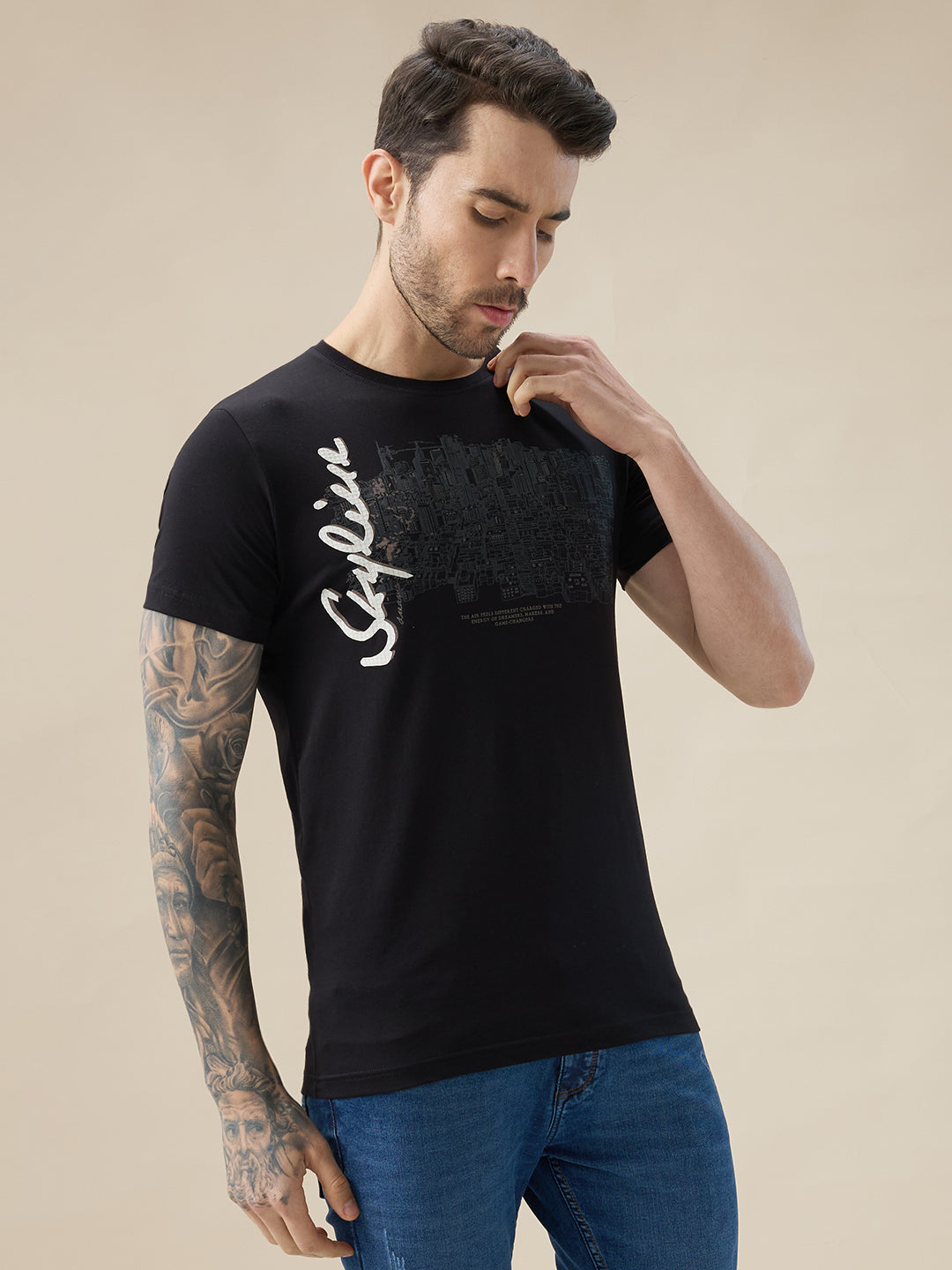 Men's Chest Graphic Print Round Neck Half Sleeve Regular Fit T-Shirt