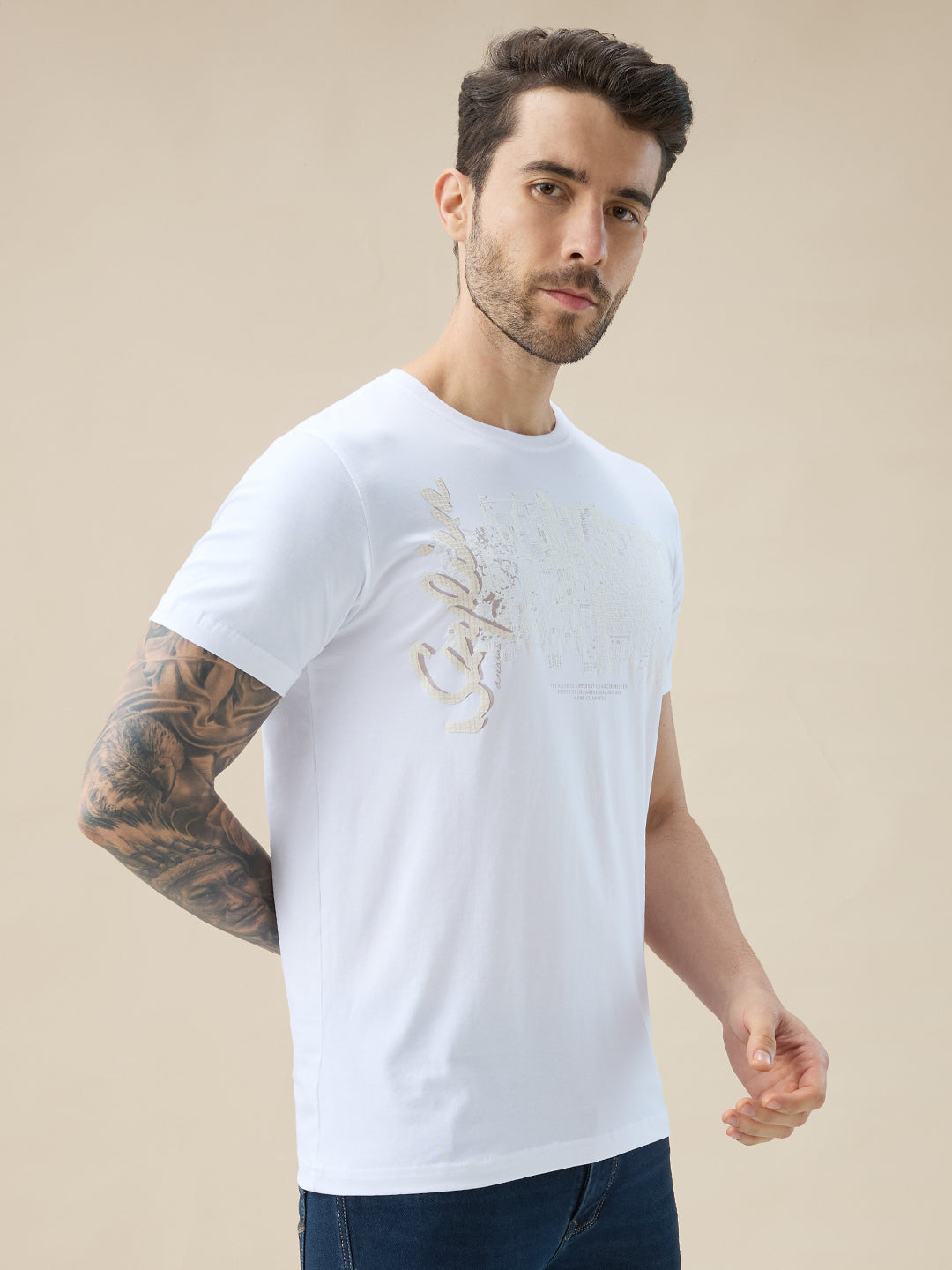 Men's Chest Graphic Print Round Neck Half Sleeve Regular Fit T-Shirt