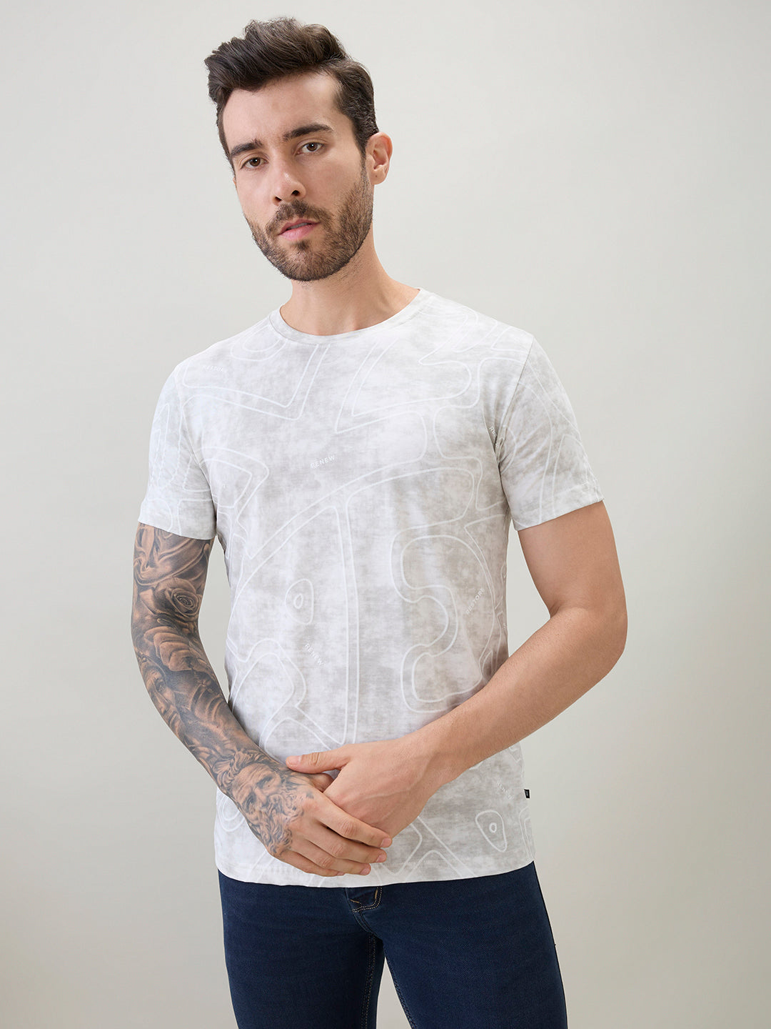 Men's Abstract Printed Round Neck Half Sleeves Regular Fit T-Shirt