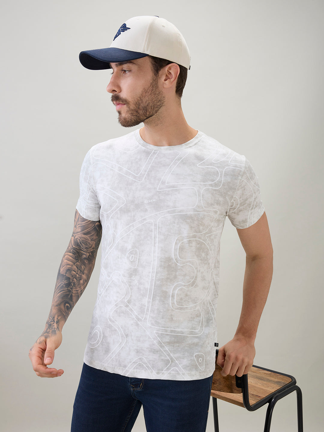 Men's Abstract Printed Round Neck Half Sleeves Regular Fit T-Shirt