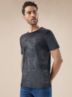 Mens Textured Graphic Print Round Neck Regular Fit T-Shirt