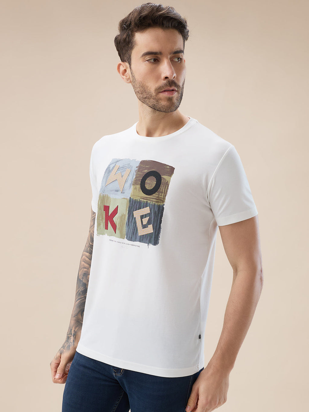 Mens Chest Applique Typography Print Round Neck Half Sleeves T-Shirt