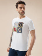 Mens Chest Applique Typography Print Round Neck Half Sleeves T-Shirt
