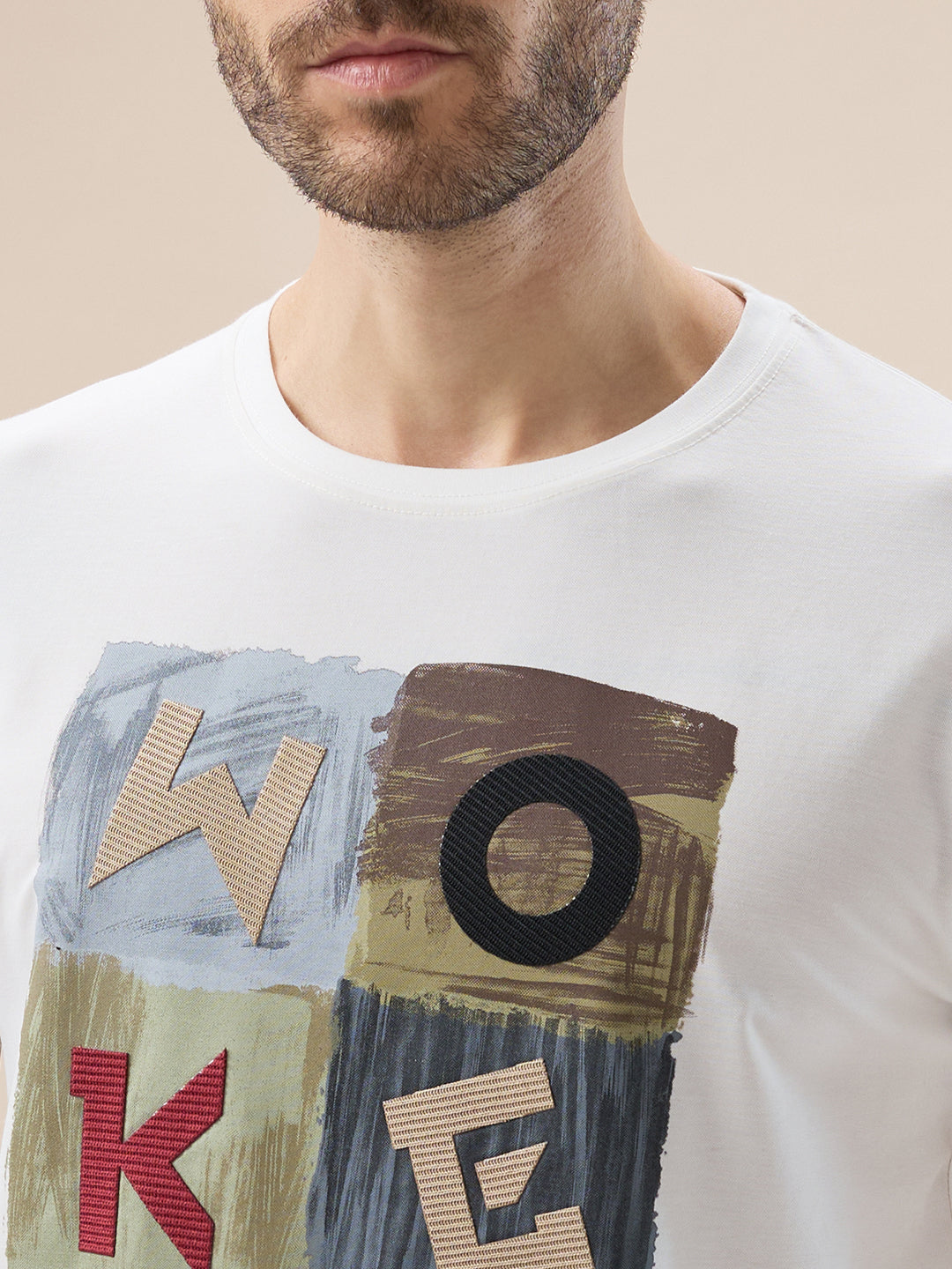Mens Chest Applique Typography Print Round Neck Half Sleeves T-Shirt