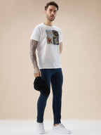 Mens Chest Applique Typography Print Round Neck Half Sleeves T-Shirt