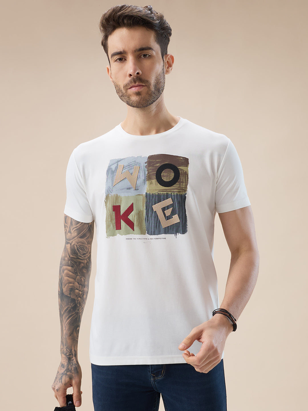 Mens Chest Applique Typography Print Round Neck Half Sleeves T-Shirt