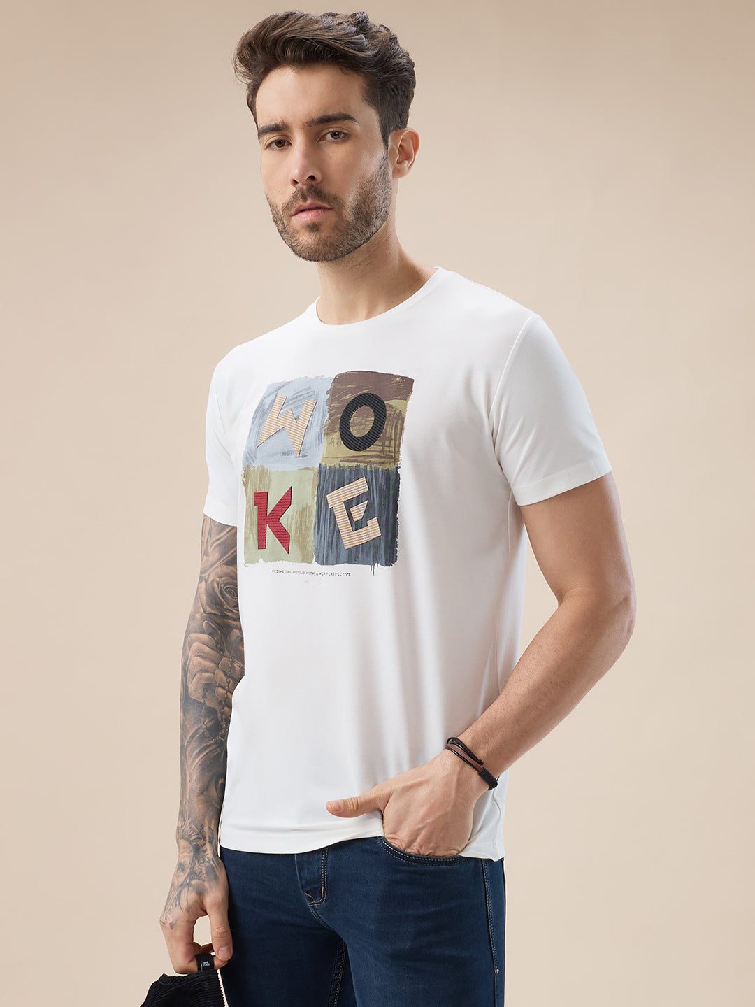 Mens Chest Applique Typography Print Round Neck Half Sleeves T-Shirt