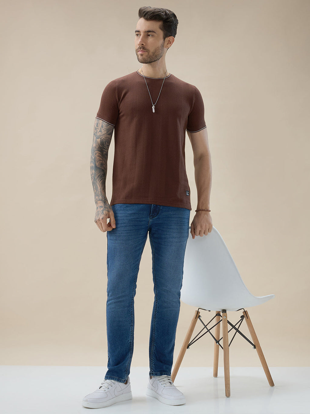 Mens Geometric Textured Round Neck Half Sleeve Regular Fit T-Shirt