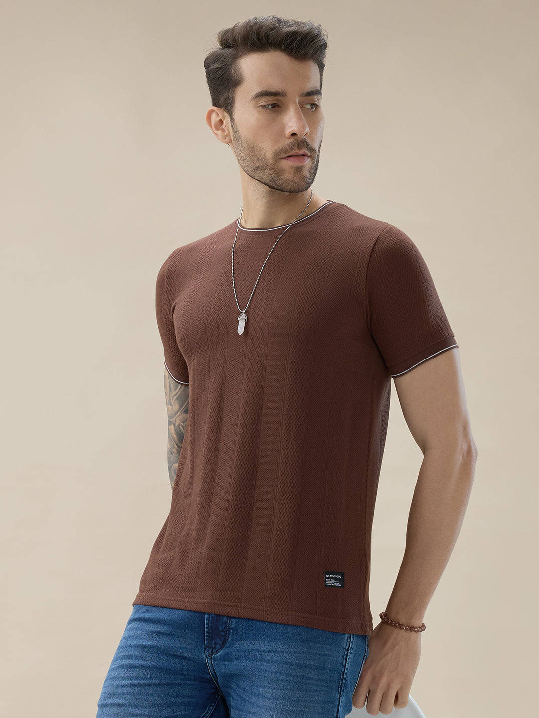 Mens Geometric Textured Round Neck Half Sleeve Regular Fit T-Shirt
