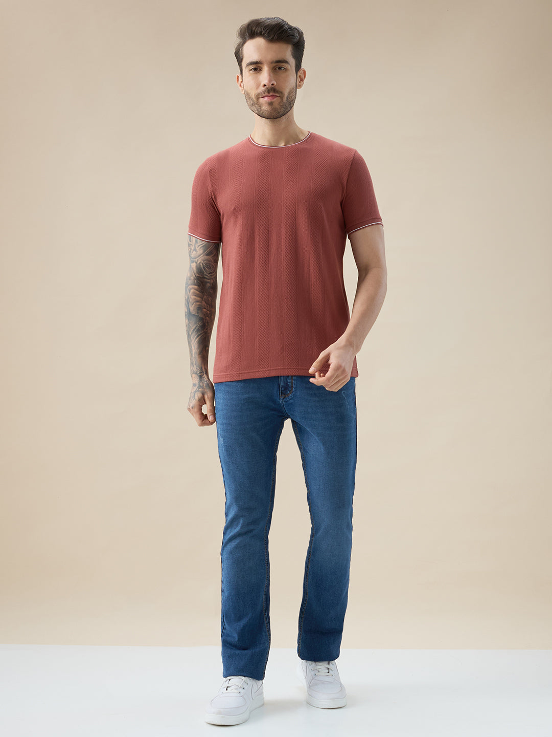 Mens Geometric Textured Round Neck Half Sleeve Regular Fit T-Shirt