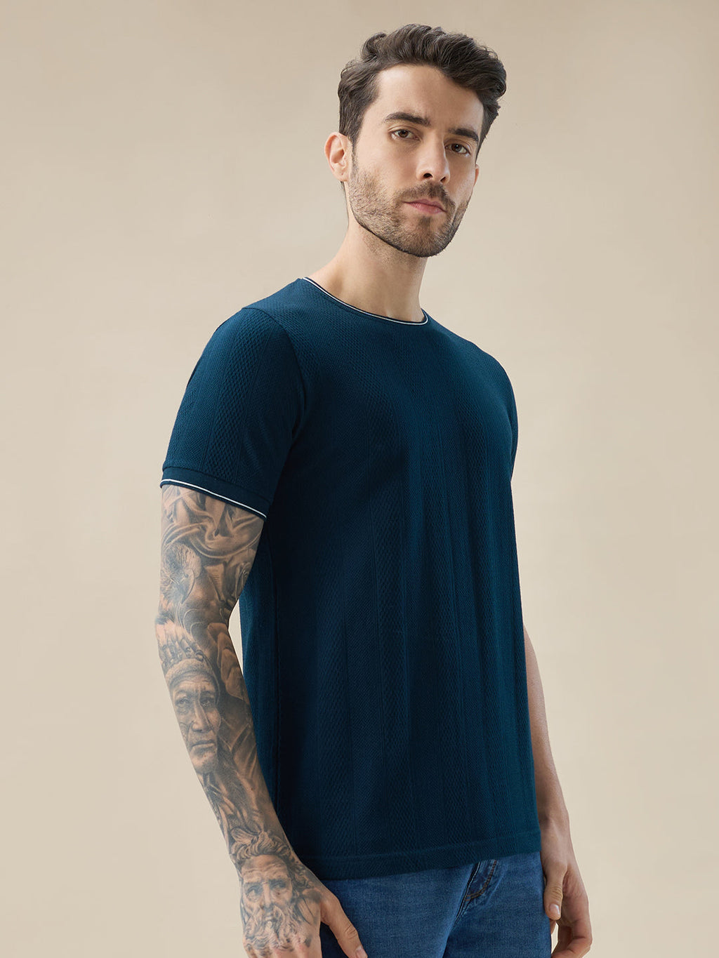 Mens Geometric Textured Round Neck Half Sleeve Regular Fit T-Shirt