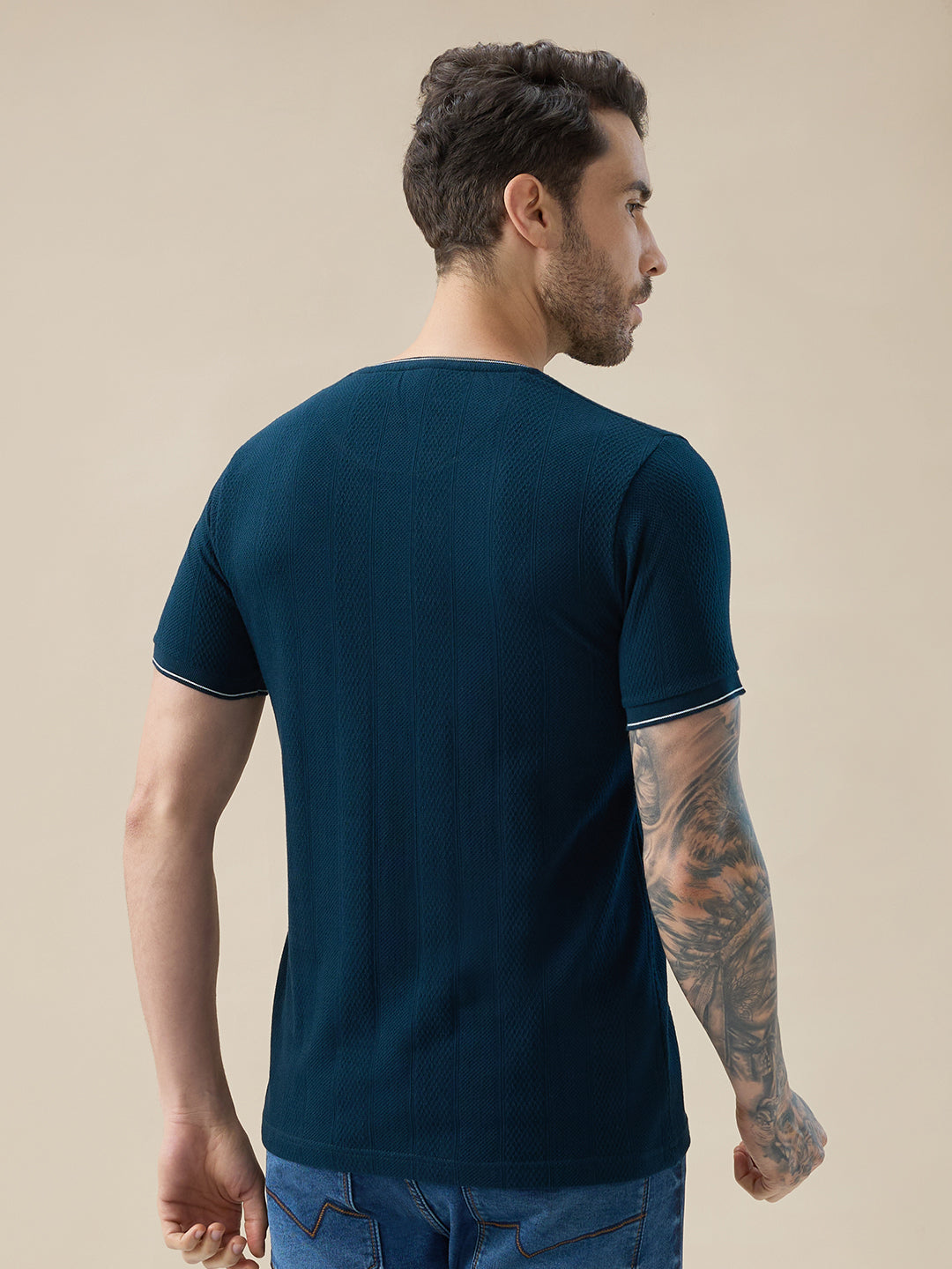 Mens Geometric Textured Round Neck Half Sleeve Regular Fit T-Shirt