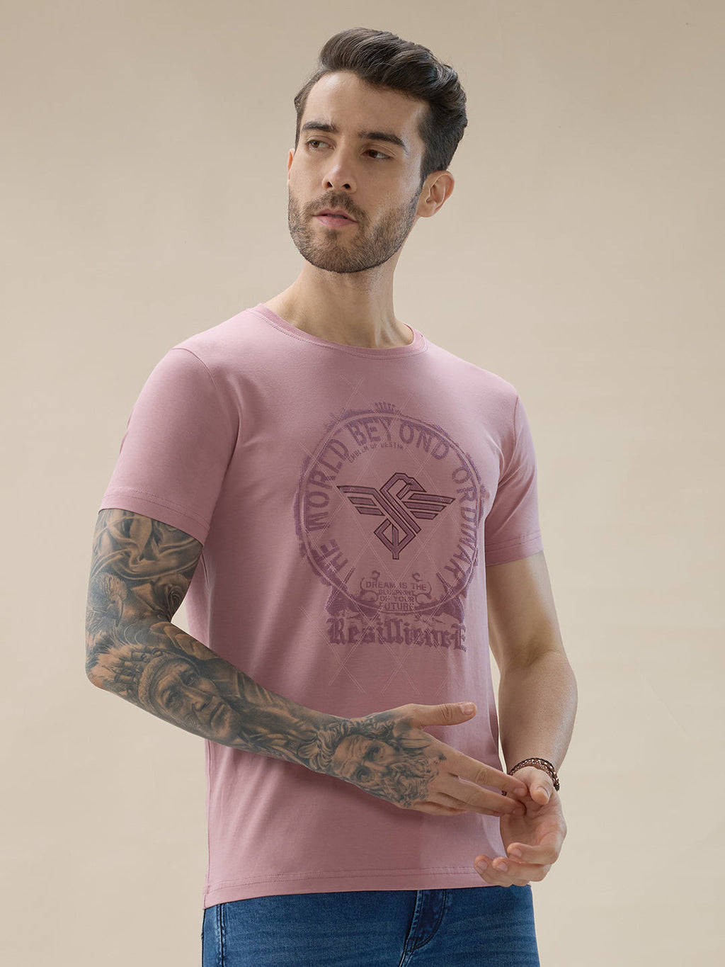 Men's Chest Graphic Print Round Neck Half Sleeve Regular Fit T-Shirt