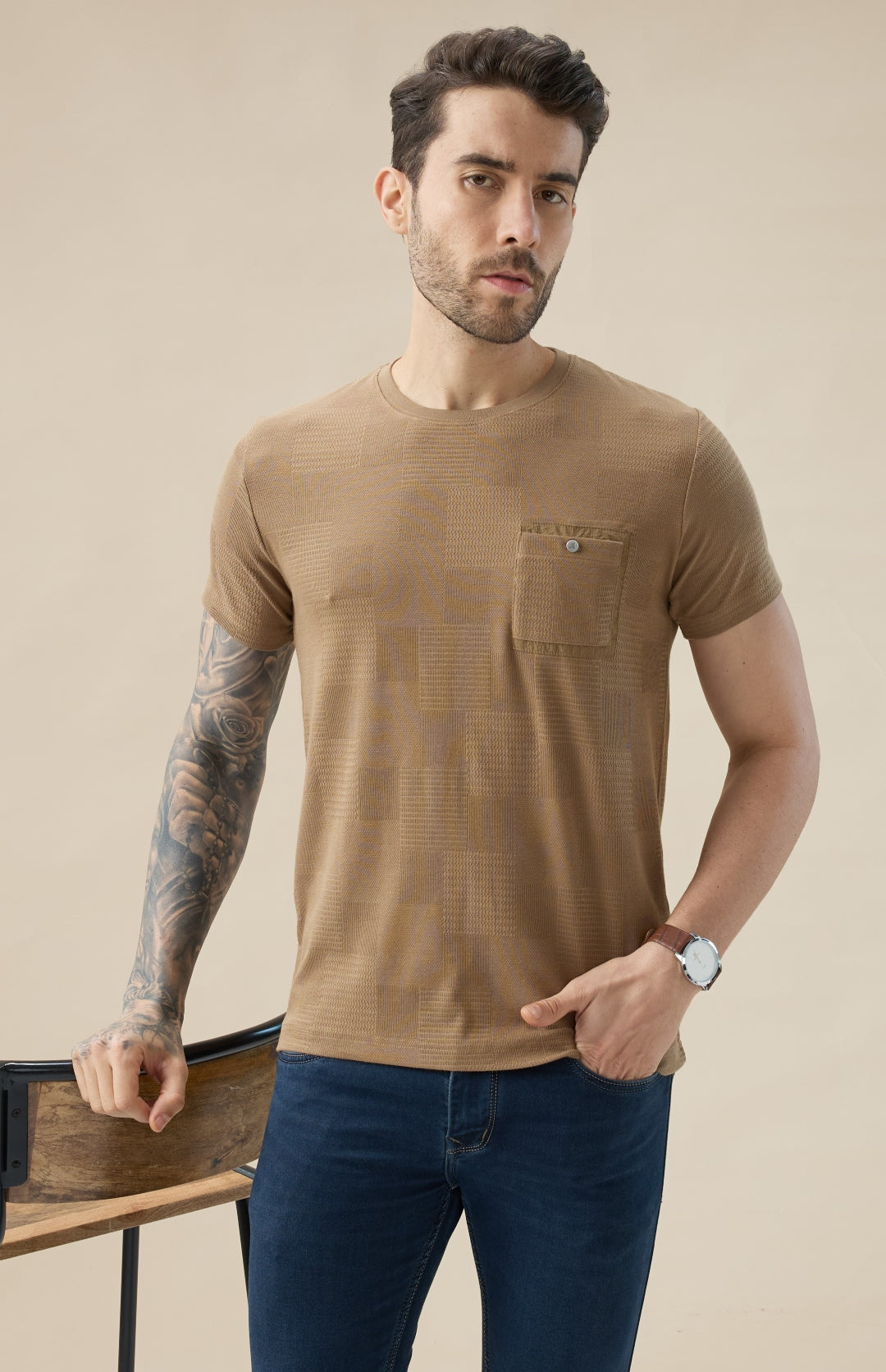 Men's Jacquard Textured Round Neck Half Sleeve Regular Fit T-Shirt with Chest Pocket