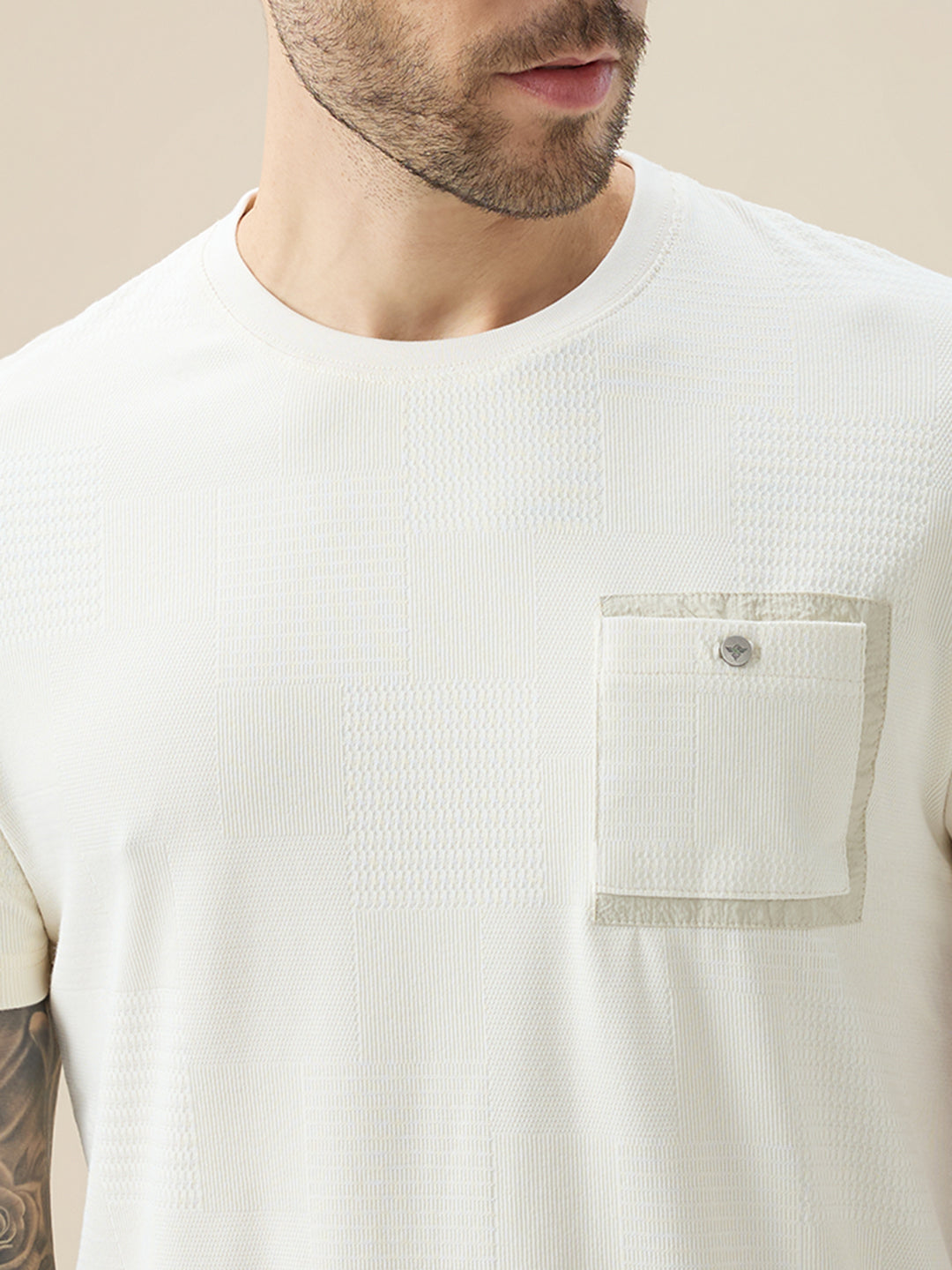 Mens Jacquard Textured Round Neck Half Sleeve Regular Fit T-Shirt with Chest Pocket