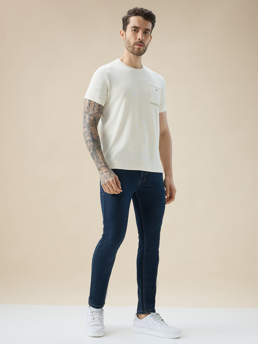 Mens Jacquard Textured Round Neck Half Sleeve Regular Fit T-Shirt with Chest Pocket