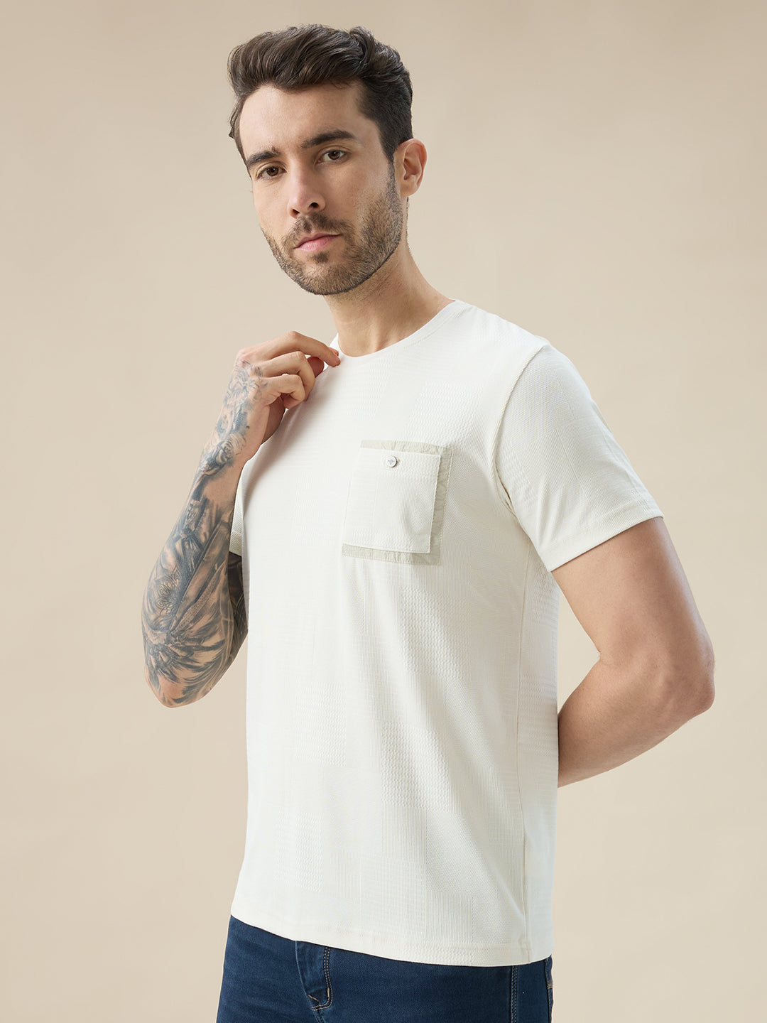 Mens Jacquard Textured Round Neck Half Sleeve Regular Fit T-Shirt with Chest Pocket