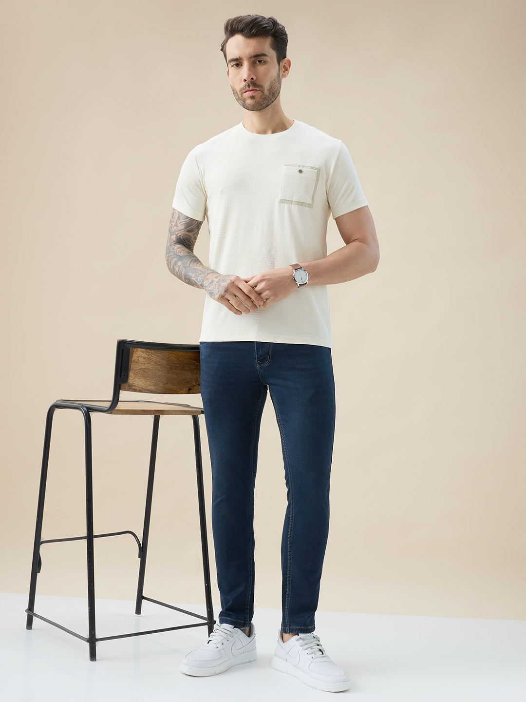 Mens Jacquard Textured Round Neck Half Sleeve Regular Fit T-Shirt with Chest Pocket