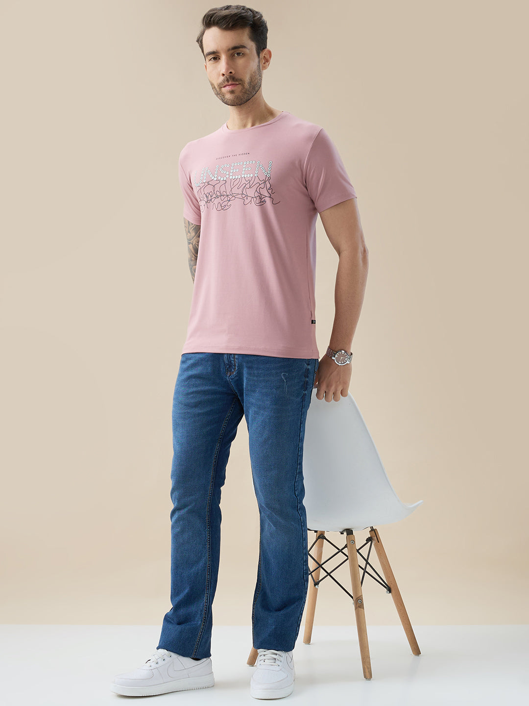 Men's Chest Typography Print Round Neck Half Sleeve Regular Fit T-Shirt