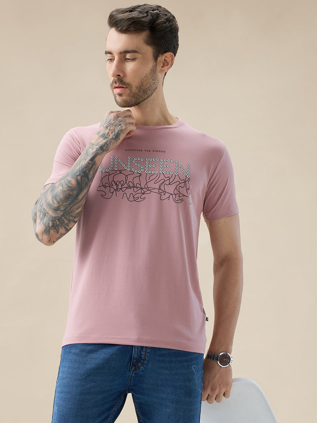 Men's Chest Typography Print Round Neck Half Sleeve Regular Fit T-Shirt