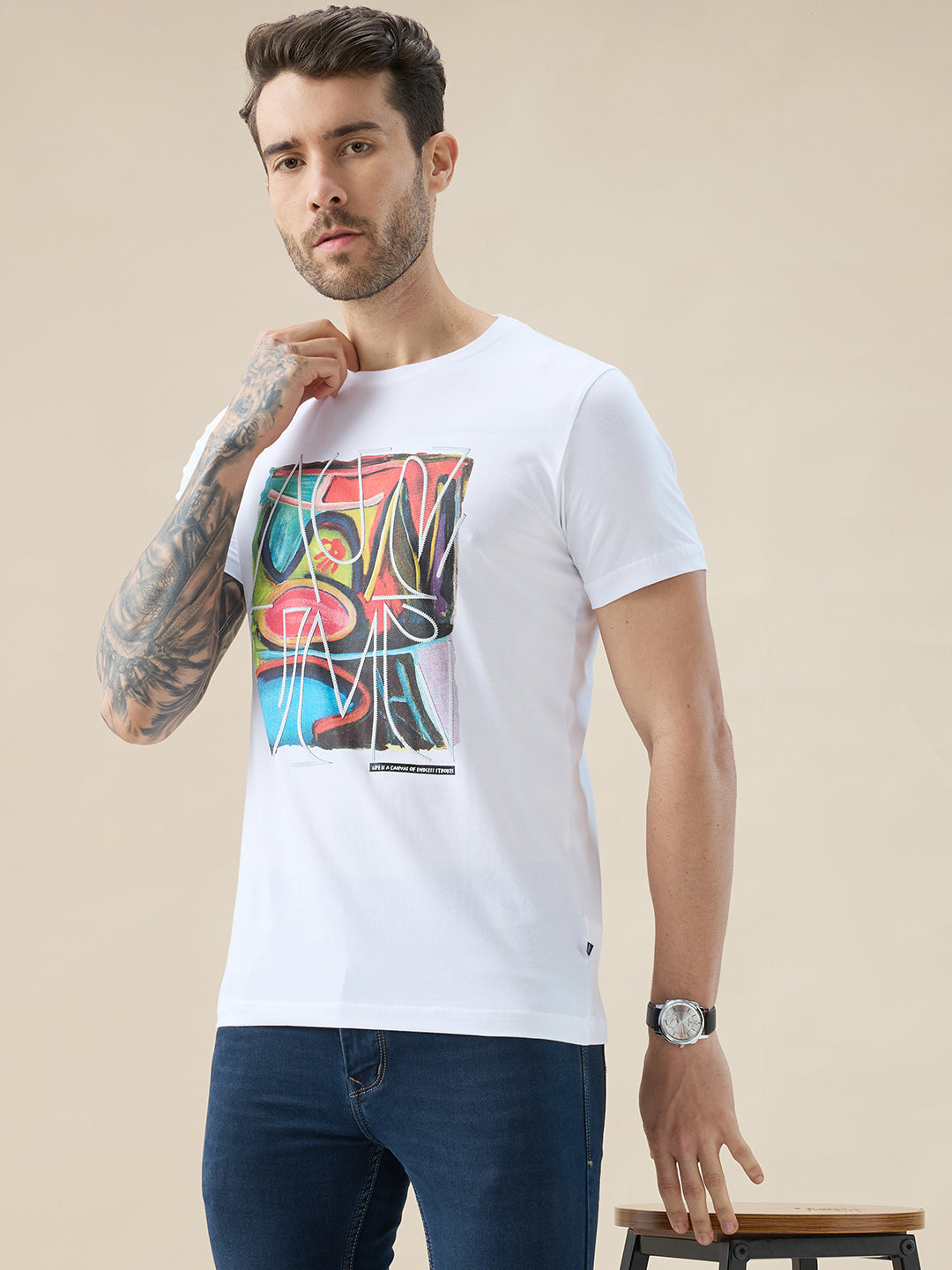 Men's Chest Graphic Print Round Neck Half Sleeve Regular Fit T-Shirt