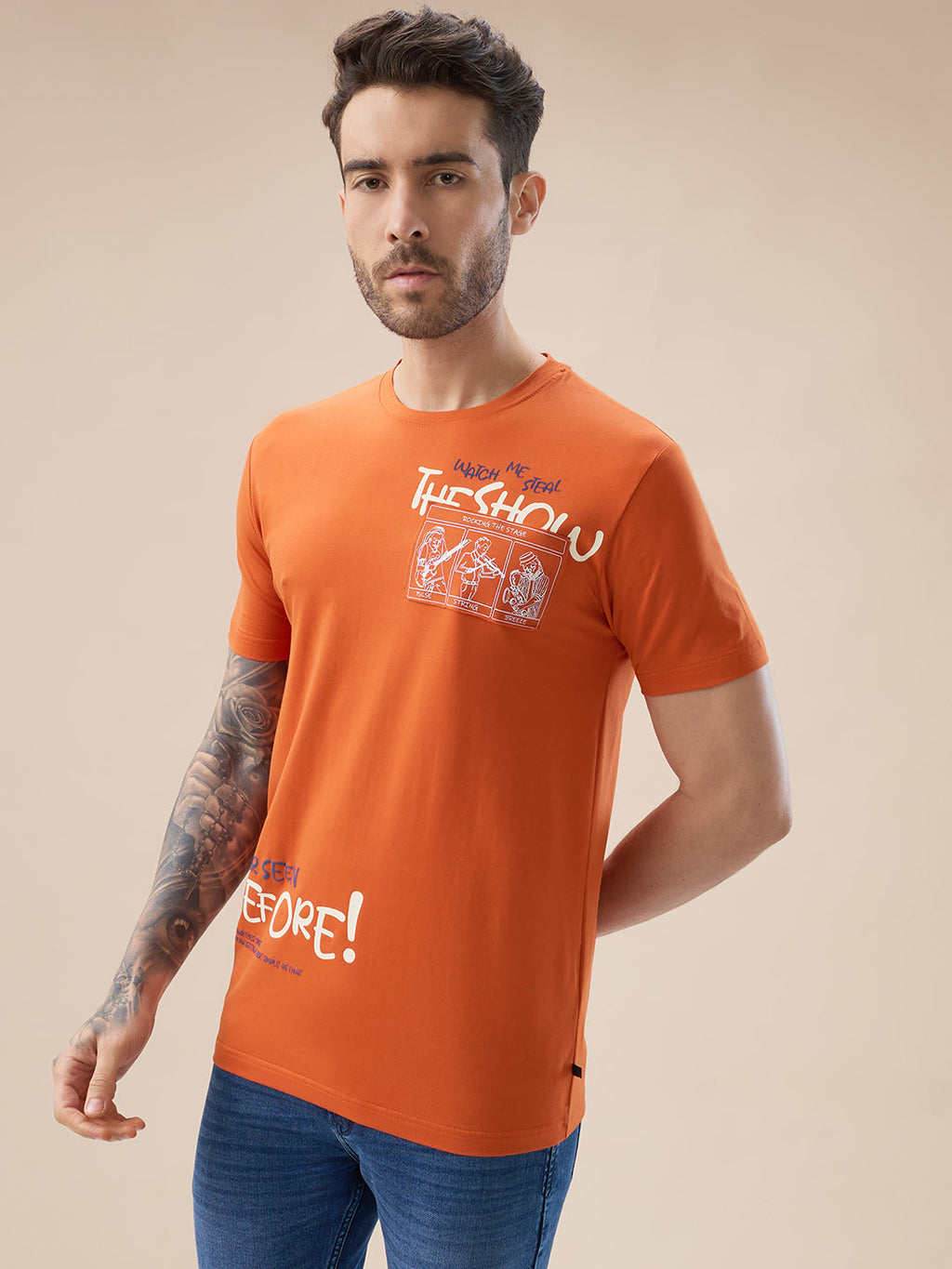 Men's Placement Typography Graphic Print Half Sleeves Round Neck T-Shirt