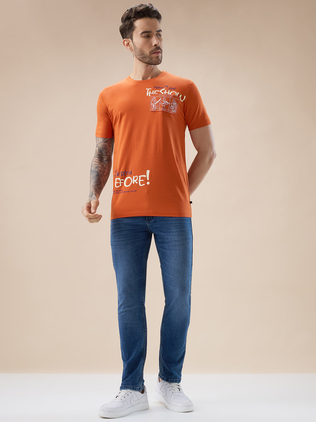 Men's Placement Typography Graphic Print Half Sleeves Round Neck T-Shirt