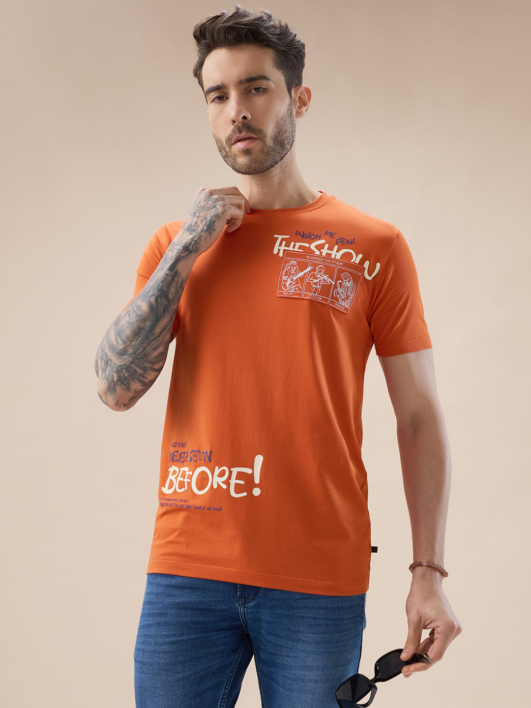 Men's Placement Typography Graphic Print Half Sleeves Round Neck T-Shirt