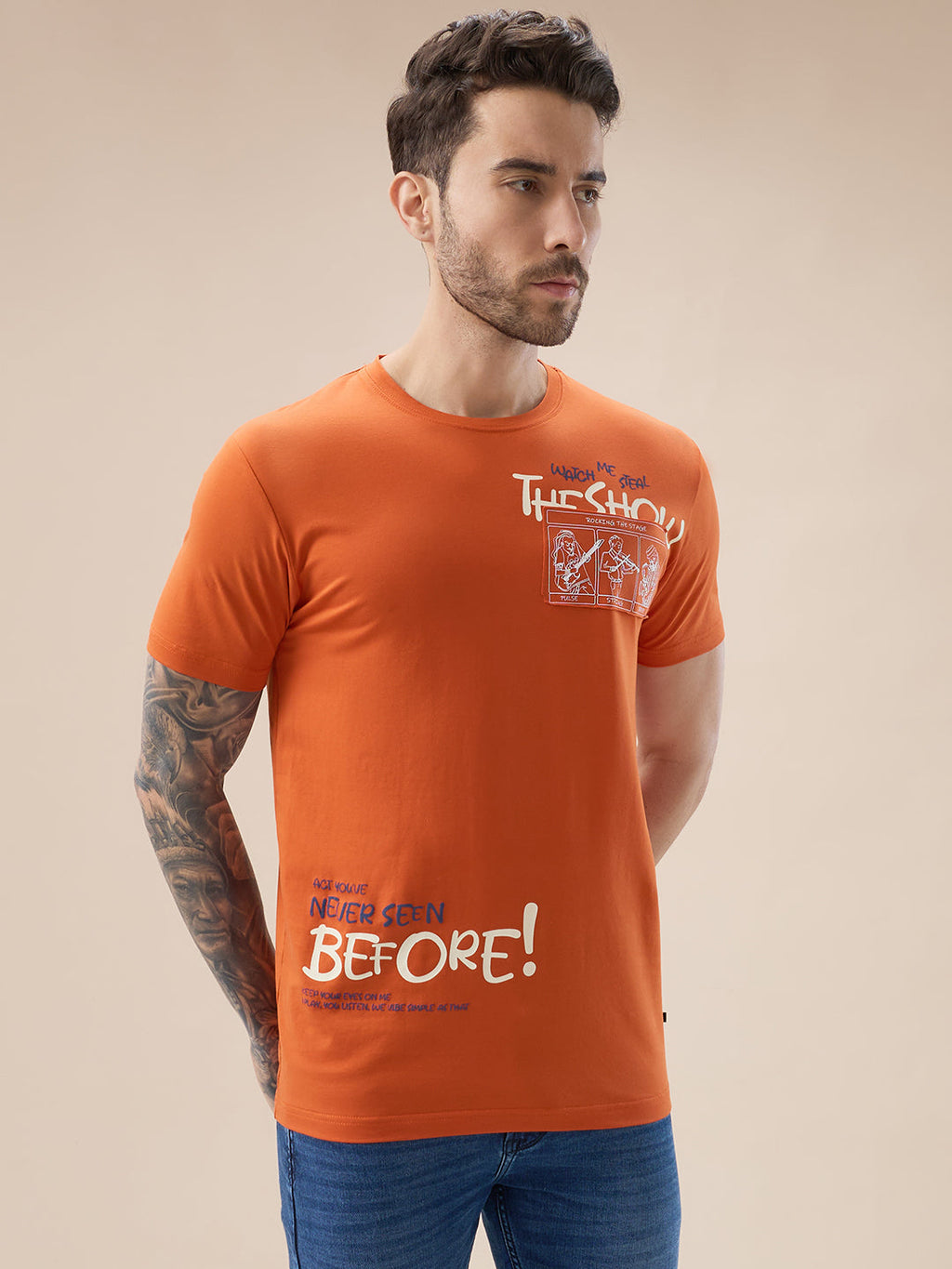 Men's Placement Typography Graphic Print Half Sleeves Round Neck T-Shirt