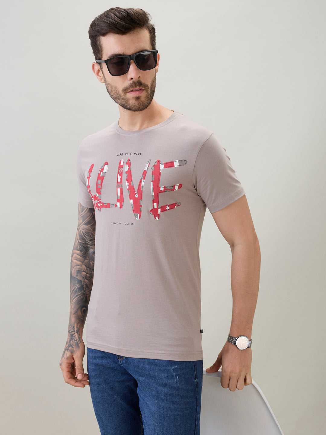 Men's Typography Print Round Neck Half Sleeve T-Shirt with Front and Back Design