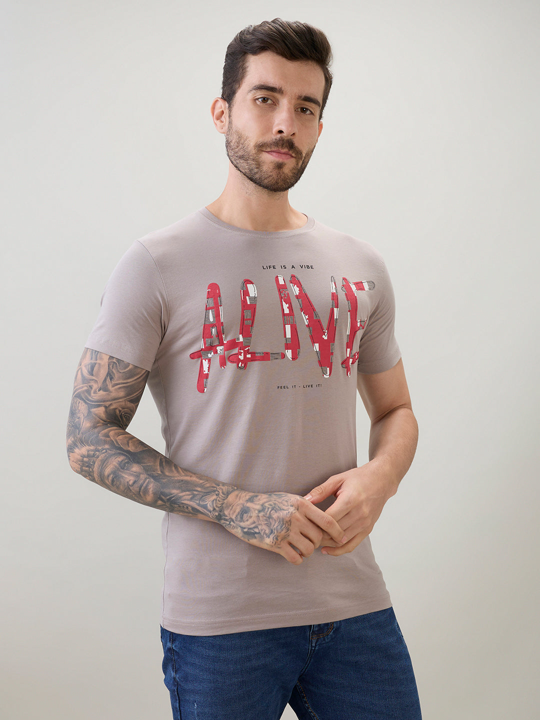 Men's Typography Print Round Neck Half Sleeve T-Shirt with Front and Back Design Secondary image