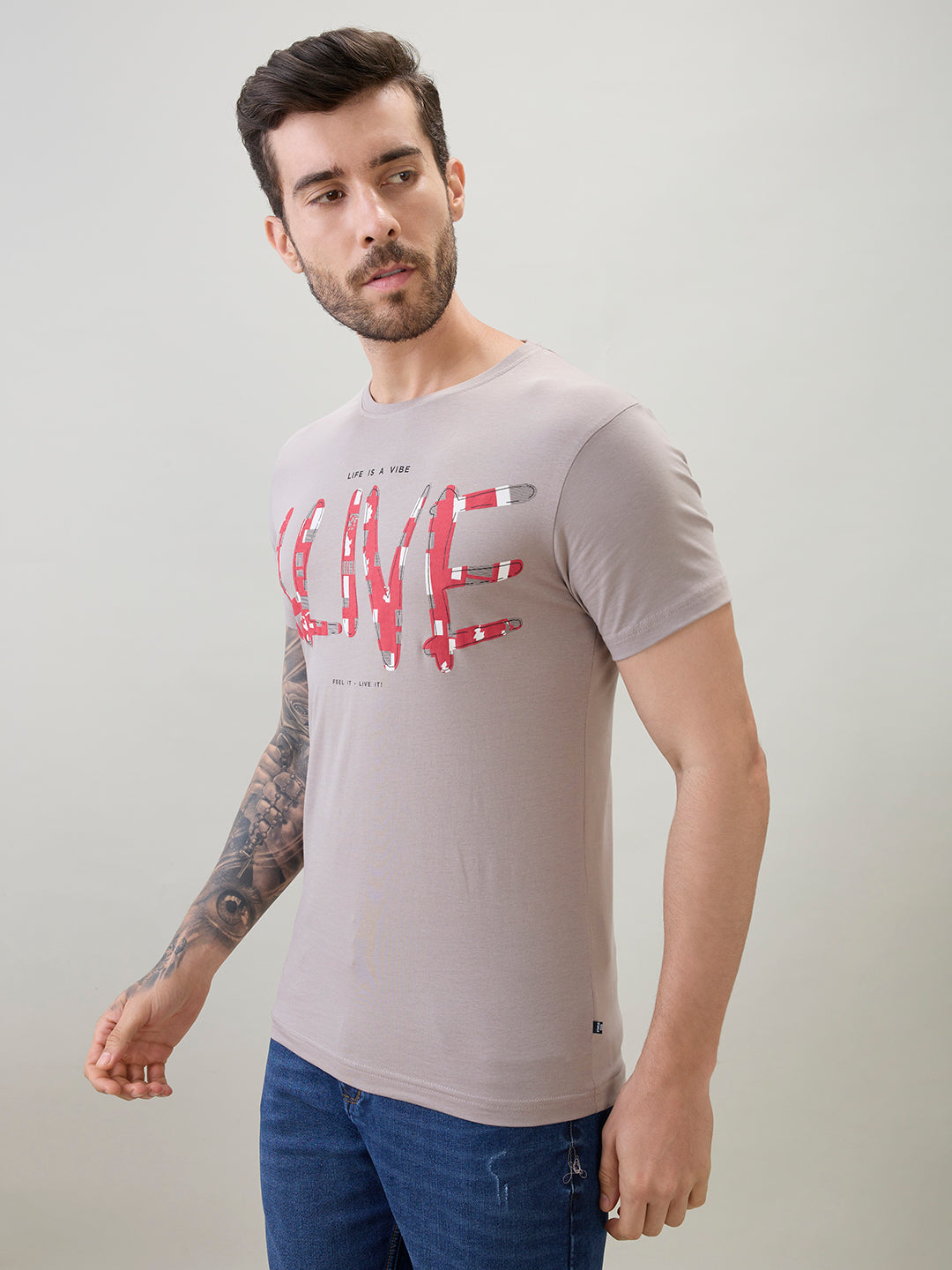 Men's Typography Print Round Neck Half Sleeve T-Shirt with Front and Back Design