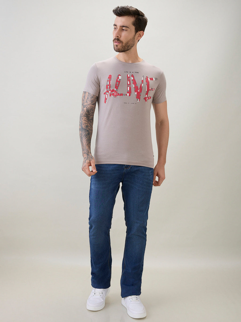 Men's Typography Print Round Neck Half Sleeve T-Shirt with Front and Back Design