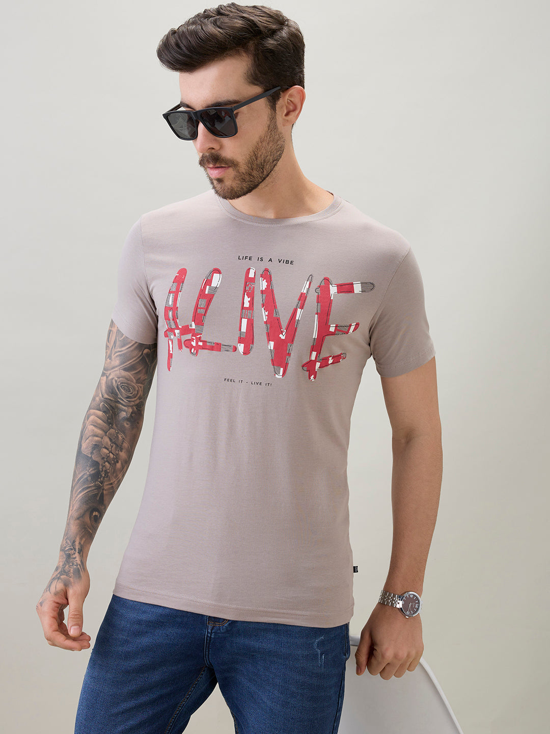 Men's Typography Print Round Neck Half Sleeve T-Shirt with Front and Back Design