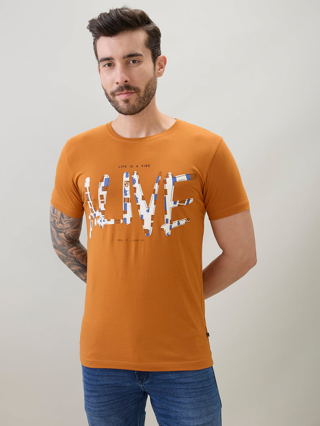 Men's Typography Print Round Neck Half Sleeve T-Shirt with Front and Back Design