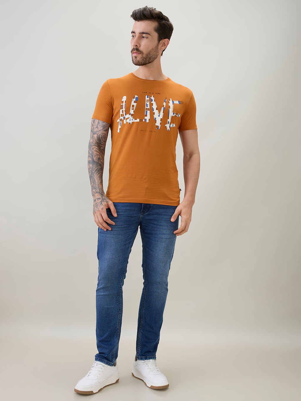 Men's Typography Print Round Neck Half Sleeve T-Shirt with Front and Back Design