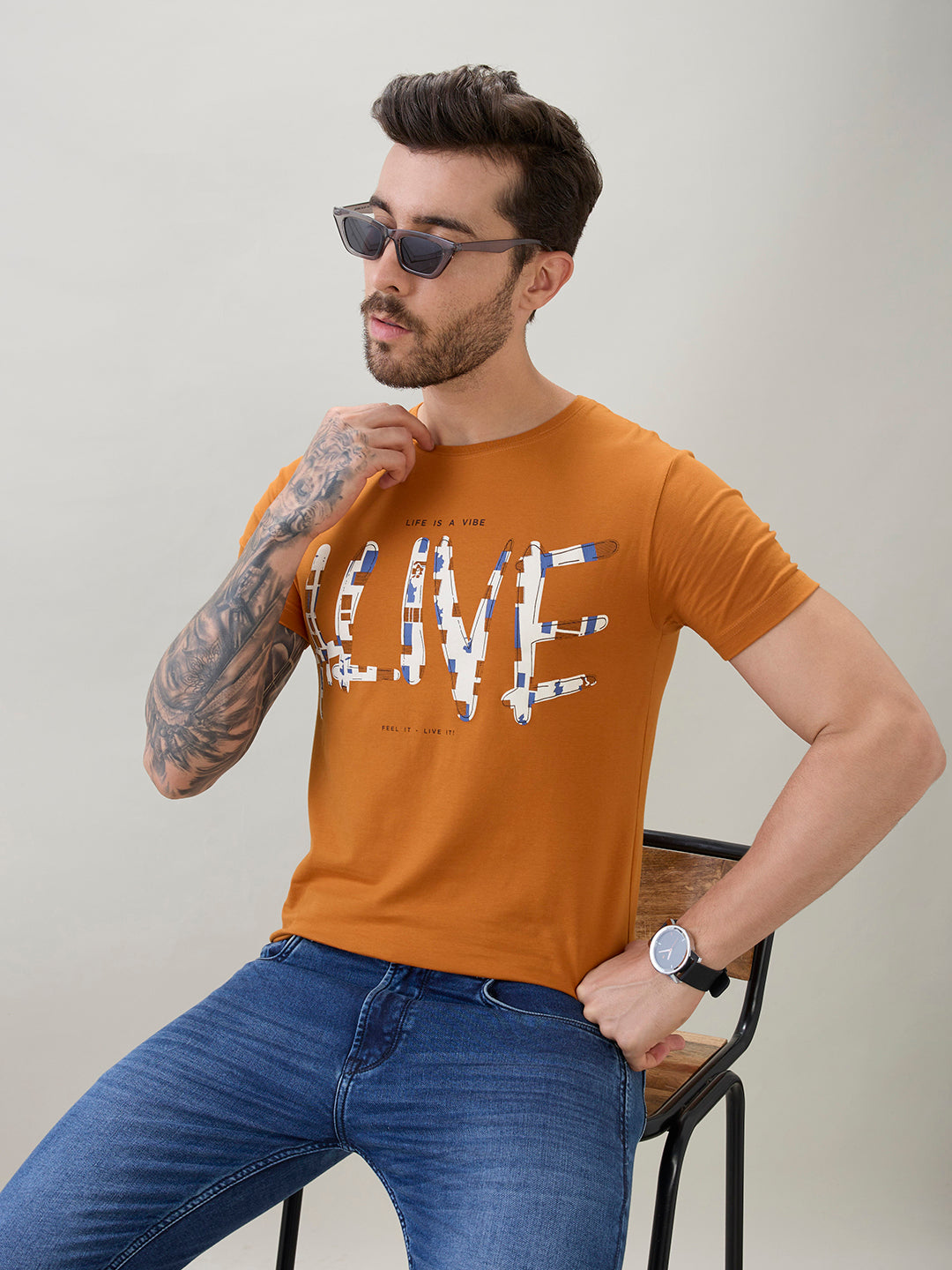 Men's Typography Print Round Neck Half Sleeve T-Shirt with Front and Back Design
