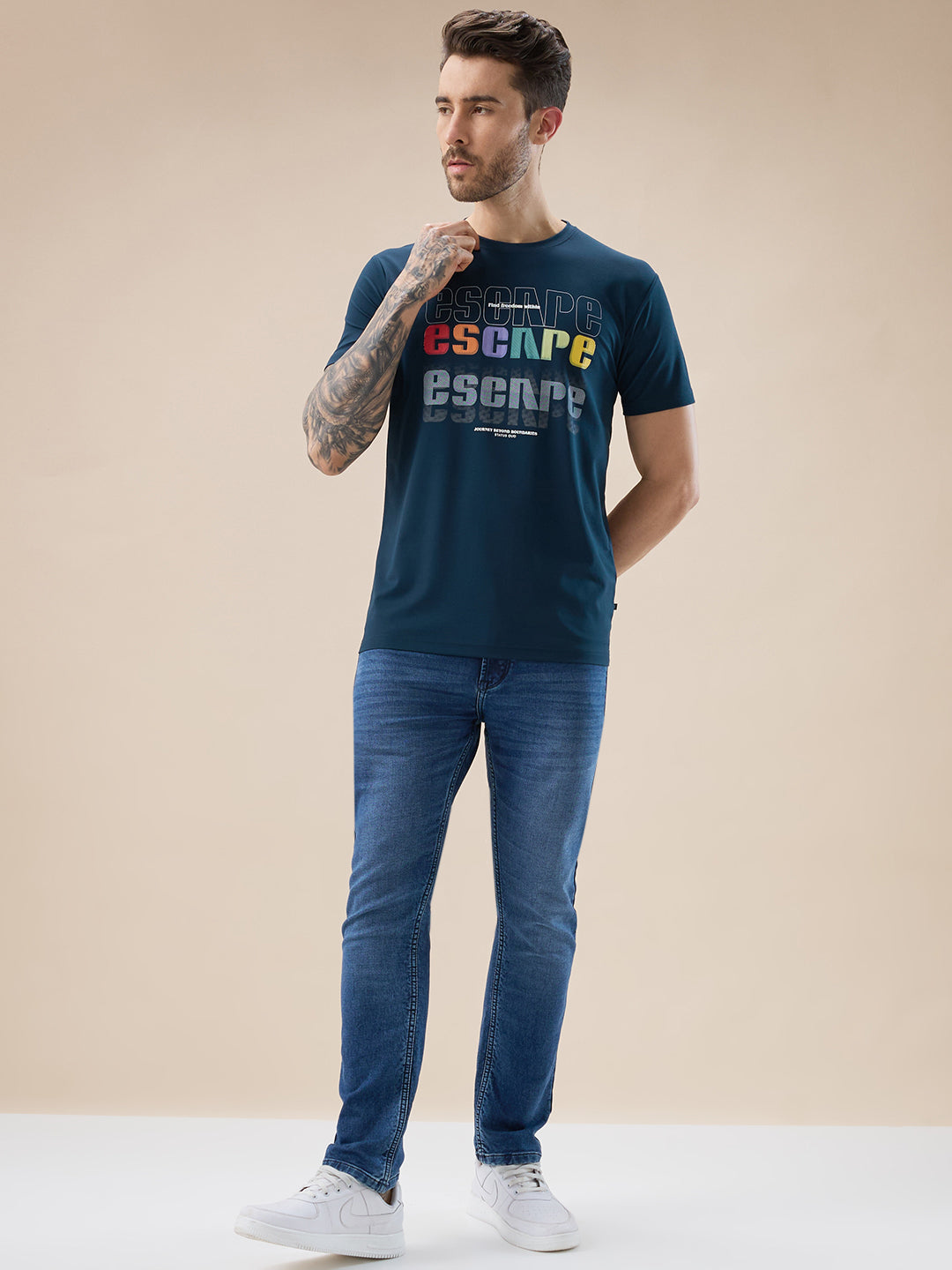 Men's Chest Typography Print Round Neck Half Sleeves Regular Fit T-Shirt